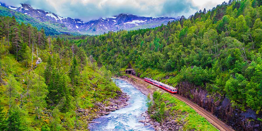 The red Bergen train travels past rushing rivers and green forests.